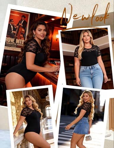 comeondear Bodysuit Women's Dress Short Sleeve Bodysuit Lace Bodycon Plus Size 45-90 kg Sexy Bodies Party Elegant Elastic Lingerie Leotard Tops Transparent Lingerie Clubwear Jumpsuit S-XXL