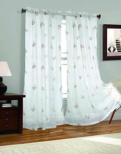 2 Piece Butterfly Embroider Sheer Voile Window Curtain Panel Drapes Brown Color Medium Size