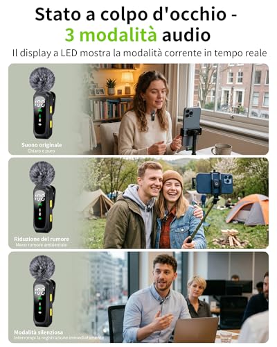 Mini Wireless Lavalier Microphone for iPhone, Android and PC, Neck Condenser Microphones with Noise Reduction, Battery Indicator and Wind Fan, for YouTube, TikTok (Dark Grey)