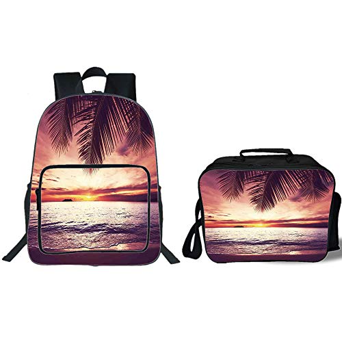 iPrint 19" School Backpack & Lunch Bag Bundle,Palm Tree Decor,Tropical Beach Under Shadow at Sunset Ocean Waves Serenity in Natural Paradise,Yellow,for Boys Girls