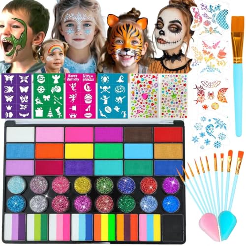 Face Painting Kit for Kids, 42 Colors Professional Face Paint Makeup Kit Non-Toxic Water Activated Facepaint Pallette with Brushes, Stencils, Sponge, Gems, for Party Cosplay Halloween (42 Colors)