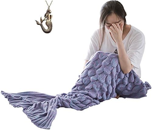 SZXKT Mermaid Tail Blanket Christmas gift For Kids Teens Adult Handmade Wave Mermaid Blankets Crochet Knitting Blanket Seasons Warm Soft Living Room Sleeping Bag Best Birthday gift (Scale purple)