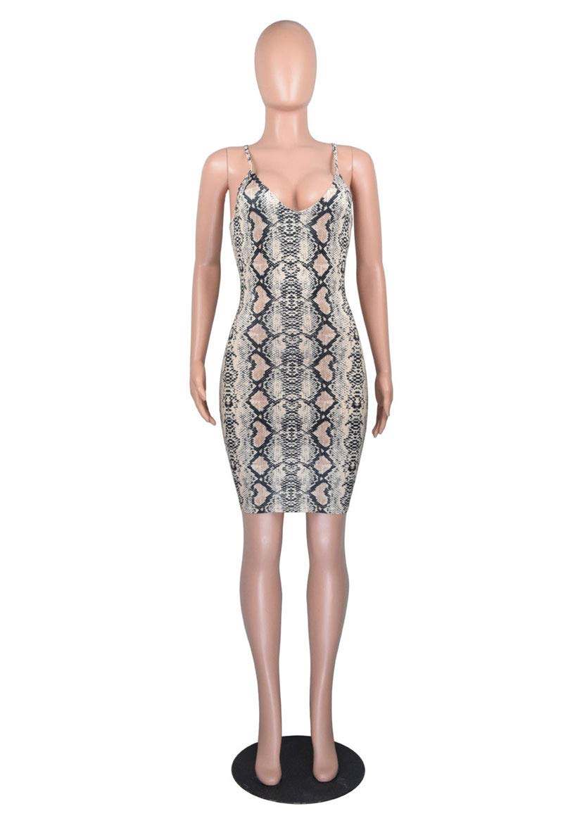 Womens Snakeskin Bodycon Dress - Sexy Spaghetti Straps Deep v Dress Party Clubwear Dresses Brown