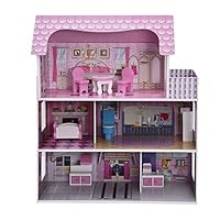 Gunel 3 Level Dollhouse - Toy Family House with 13 pcs Furniture, Play Accessories, Cottage Uptown Doll House, Doll Playhouse Cottage Set (Pink)