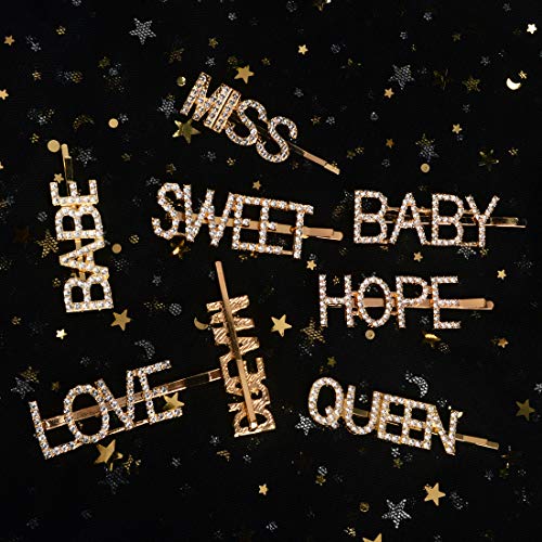 8 PCS Gold Word Letter Hair Clip Hair Pins Sparkling Bling Crystal Rhinestones Barrettes Metal Alligator Bobby Hairpins Handmade Hair Jewelry