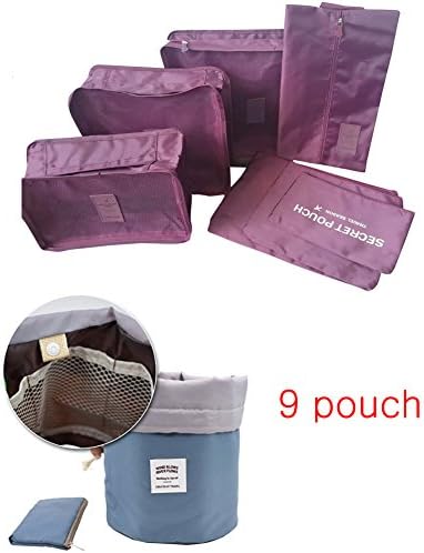 9 Sets Waterproof Packing Cube with upgraded colors Cosmetic Pouch1 Accessories Pouch1 Travel Cubes Pouches6 Shoe Bag1(purple)