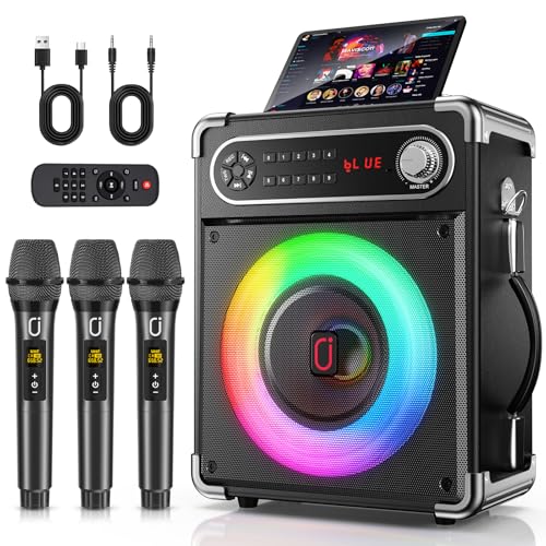 JYX Karaoke 3 Microfonos Inalambricos, Altavoz Karaoke Profesional 80W con Bluetooth 5.3 y Luces RGB, Control de Bajos/Agudos/Eco, TWS/FM/TV/AUX/USB/TF/Rec para Familia, Fiestas y Exterior