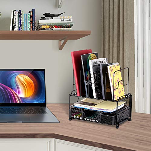 Simple Trending 2-Tray Mesh Desk File Organizer with Drawer Organizer and 6 Removable File Sorter, Office Document Letter Tray Folder Holder for Desk Organizers and Accessories, Black