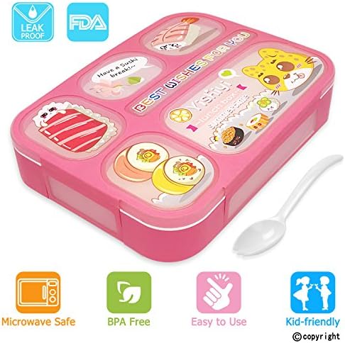 Leakproof Bento Lunch Box for Kids, FIOLOM 5 Compartments Divided Lunch Container Set with Spoon & Fork Cute Microwave Safe Meal Prep Box for Boys Girls Children School