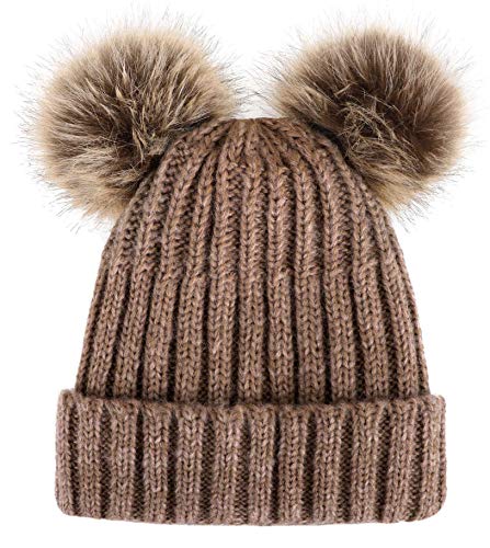 Arctic Paw Cable Knit Beanie with Faux Fur Pompom Ears Khaki