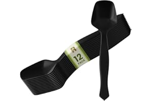 R-KAY 12 Pack Black Plastic Serving Spoons For Buffet 7.5 Inch - Black Plastic Serving Utensils For Hot And Cold Food - Disposable Serving Utensils For Parties, Holidays And Gatherings