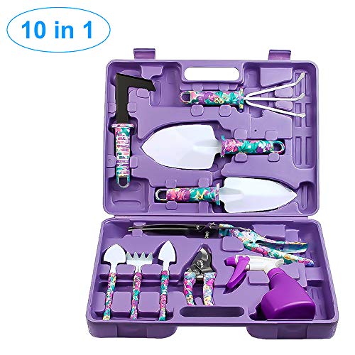 Jhua Garden Tool Set, 10 Pieces Gardening Tools Kit with Purple Flower Print, Ergonomic Handle Trowel Rake Weeder Pruner Shears Sprayer, Garden Hand Tools with Carrying Case Gardening Gifts for Women