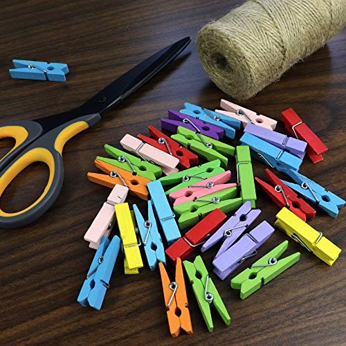 Mini Natural Wooden Clothespins with Jute Twine, 100pcs, 1.4 Inch Photo Paper Peg Pin Craft Clips with 320ft Natural Twine for Scrapbooking, Arts & Crafts, Hanging Photos (10 Colors)