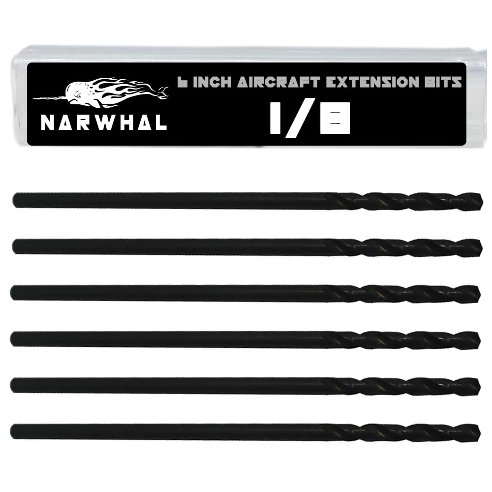 Photo 1 of 1/8 Inch x 6 Inch Aircraft Drill Bit (Professional Grade 6 Pack) Extra Long Black Oxide Cobalt Extension Bit - Perfect for Drilling into Sheet Metal, Stainless, Aluminum, Wood, & Copper
