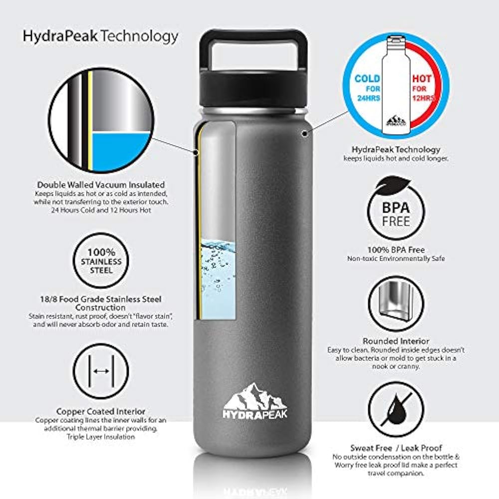 Hydrapeak Stainless Steel Water Bottle 22oz Vacuum Insulated Wide