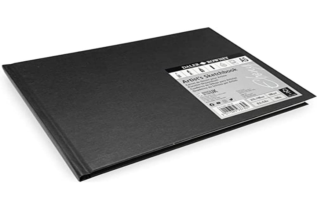 Daler-Rowney Ebony 160gsm A5 Smooth Landscape Hardbound Sketchbook, Casebound, 54 Natural White Sheets, For Professional Artists & Students