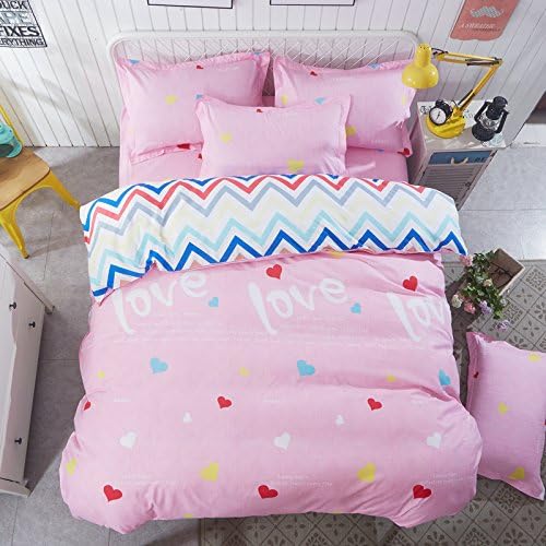 Zhiyuan Heart Pattern Duvet Cover Fitted Sheet Pillowcases Set Queen Size