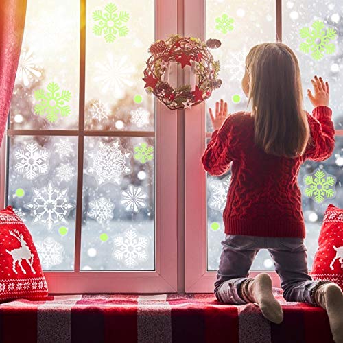 SallyFashion 141PCS Fluorescent Snowflake Window Clings Reusable Window Decals Stickers for Winter Window Decor Christmas Party