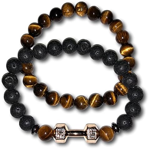 Black Lava Stone Beaded Gold Dumbbell Barbell Fitness Lifting Bracelet Jewelry Set- Tiger Eye Bundle