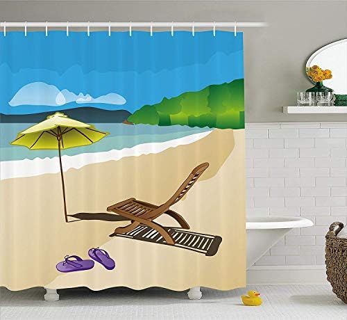 Summer Shower Curtain, Beach Sunshine Sand Waves Sandal Deckchair Holiday Relaxation Vacation Cartoon Print, Fabric Bathroom Decor Set with Hooks, 60W X 72L Inche, Multicolor