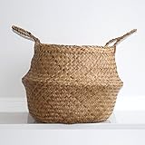 DUFMOD Large Natural Woven Seagrass Tote Belly Basket for Storage, Laundry, Picnic, Plant Pot Cover, and Beach Bag (Zigzag Chevron Natural Seagrass, Large)