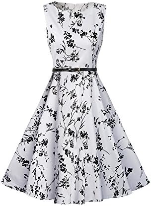 Zollzirr Summer Round Neck Sleeveless Floral Print Swing Dinner Party Wedding Retro Dress (xxl, White)