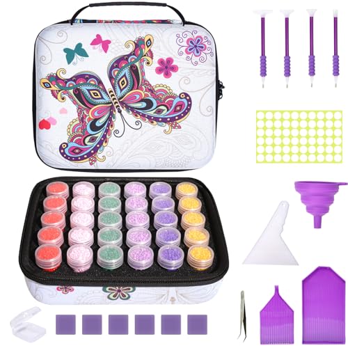 MoeeBtee Diamond Painting Storage Containers, 30 Slots Diamond Painting Accessories with Tools for Diamond Art Organizer Craft Jewelry Beads Storage Box - Butterfly