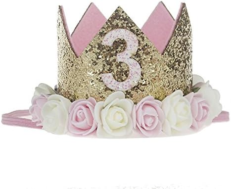 Besker Gold Baby Girl Birthday Crown Flower Tiara Headband Birthday Party Hat Hairband (Pink White 3)