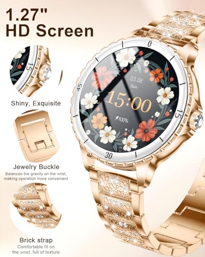 Women's Smart Watch with Calls, 1.27'' Smartwatch Woman with Diamond Strap, Compatible with Android/iOS, IP68 Waterproof Smart Watch Round with 120+ Sports SpO2 Sleep Pedometer, Rose Gold