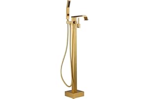 BAGNOLUX Solid Brass Floor Mount Bathtub Faucet Free Standing Tub Faucet Freestanding Tub Filler High Flow Rate Swivel Spout Shower Mixer Tap Set (Brushed Brass-1), ‎YGSLT-FANG-Brushed Brass11