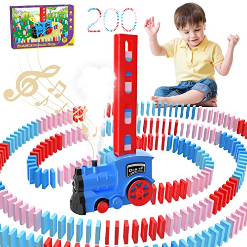 Skirfy Domino Train,200 Pcs Dominoes for Kids with Steam,Light & Sound, Automatic Domino Train Toy with Storage Bag,Train Domino Stacker,Creative Birthday Gifts for Boys and Girls Age 3-6