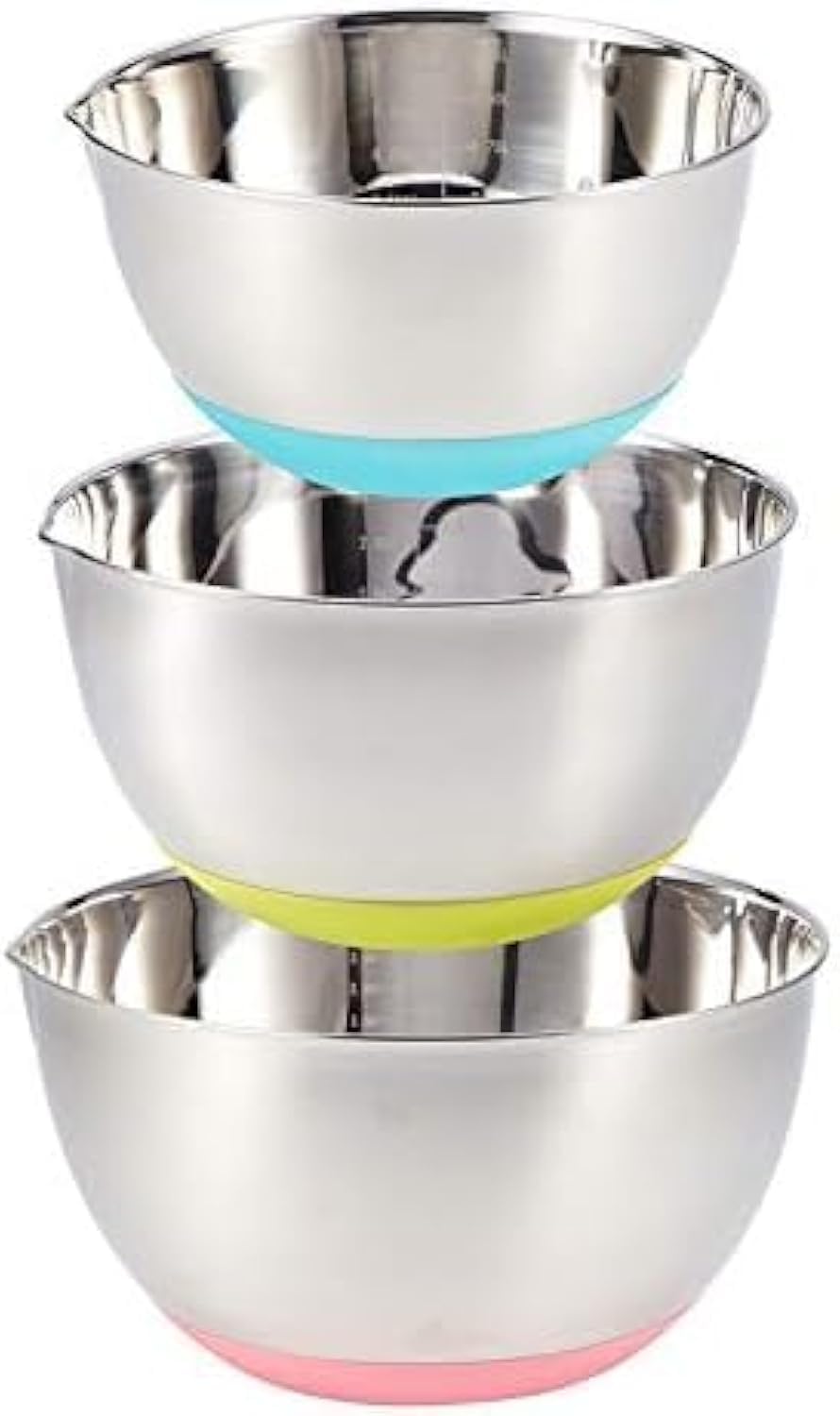 FAB4HOME Mixing Bowls 3 Pieces Stainless Steel Mixing Bowl Set Mixing Bowl with Spout Nesting Metal Bowl for Baking Cooking Food Preparing 1.5L/ 3L/ 5L Dishwasher Safe (with Silicone Bottom, 1)