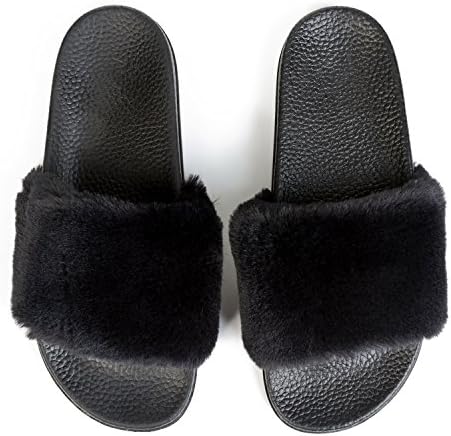 JINKUNL Womens Furry Slippers Open Toe Indoor Outdoor House Casual Flat Slides Sandals