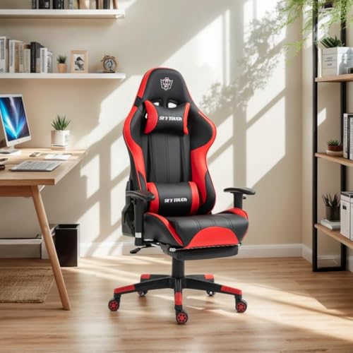 SKY-TOUCH New Upgrade Ergonomic Gaming Chair,Height Adjustable Computer Gaming Chair with Footrest,Adjustable Armrests,Fulled PU Leather, Swivel & Tilt,54x52x132cm, Red