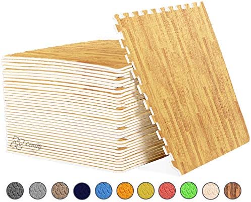 COMFY Puzzle Exercise Mat, EVA Foam Interlocking Tiles, Protective Flooring for Gym Equipment and Cushion for Workouts (Light Wood Pattern, 24 TILES (96 Square feet))
