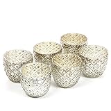 Hosley Set of 6 Metallic Antique Silver LED Glass Votive Tealight Candle Holder 2.75 Inch Diameter Ideal for Bridal Weddings Parties Special Events Spa Settings and Aromatherapy Mini Flower Pot O4