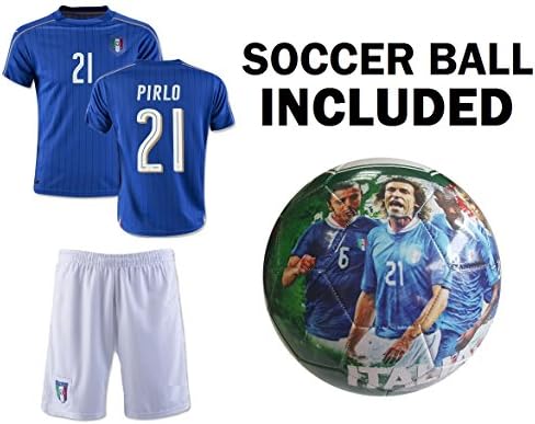 Italy Jersey Youth Pirlo #21 Kids Soccer Jersey + Shorts + ITALIA Football Size 5 Ball BEST GIFT Calcio Boys (YS 6-8 years, Jersey+Ball)