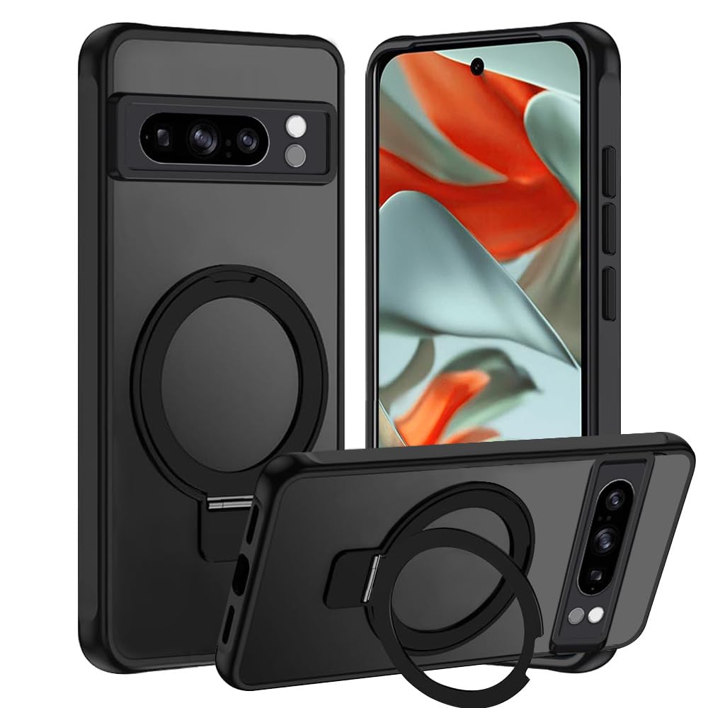 Tawarror MagStänder Mobile Phone Case for Google Pixel 9 Pro XL, Matte Translucent Magnetic Protective Case for Pixel 9 Pro XL with Stand, Hard PC, Scratch-Resistant, TPU, Shockproof Case, Black