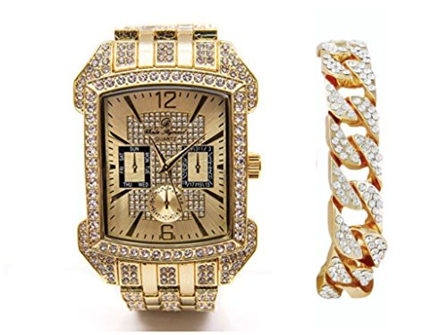 Bling-ed Out Charles Raymond Rectangular Gold Mens Watch is on Fire! Heads Will Turn When Worn with It's Matching Iced Out Gold Cuban Bracelet - 8646GB Cuban