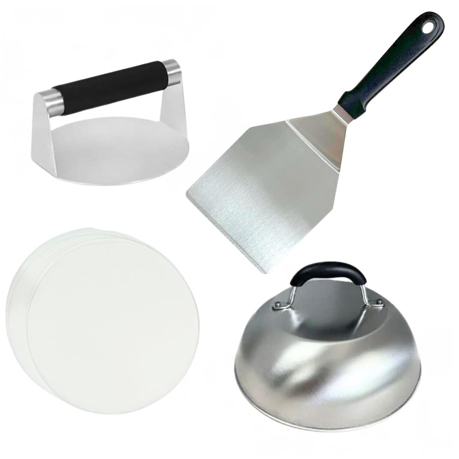 4pcs Smash Burger Press Kit with 15” Burger Smasher, 12” Burger Flipper, 9” Melting Dome & 50 Wax Discs, Heavy Duty Burger Press Set with Heat Resistant Handle, BBQ Griddle Accessories