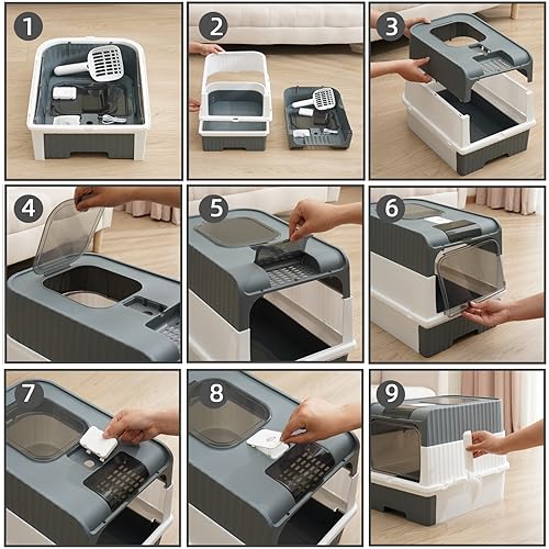 RJIHOEN Caja de Arena para Gatos Plegable,14 * 19 * 14 in Grande Cerrado Plástico Orinal para Gato,Equipada con luz Ultravioleta y Pala para Arena, fácil de Limpiar, a Prueba de olores y Salpicaduras