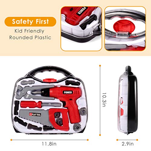 Durable Kids Tool Set, Cakie Kids Pretend Play Toy Tools Set with Electronic Cordless Drill and 16 Pretend Play Construction Accessories with a Sturdy Case