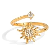 18K Gold Plated Cubic Zirconia Sun Adjustable Open Ring for Women Stainless Steel Dainty Sparkly Crystal Sunflower Statement Stackable Finger Wrap Band Rings Comfort Fit Wedding Party Trendy Jewelry