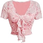 WDIRARA Women's Plus Size Floral Print Mesh Crop Tops Tie Front Short Sleeve T Shirt