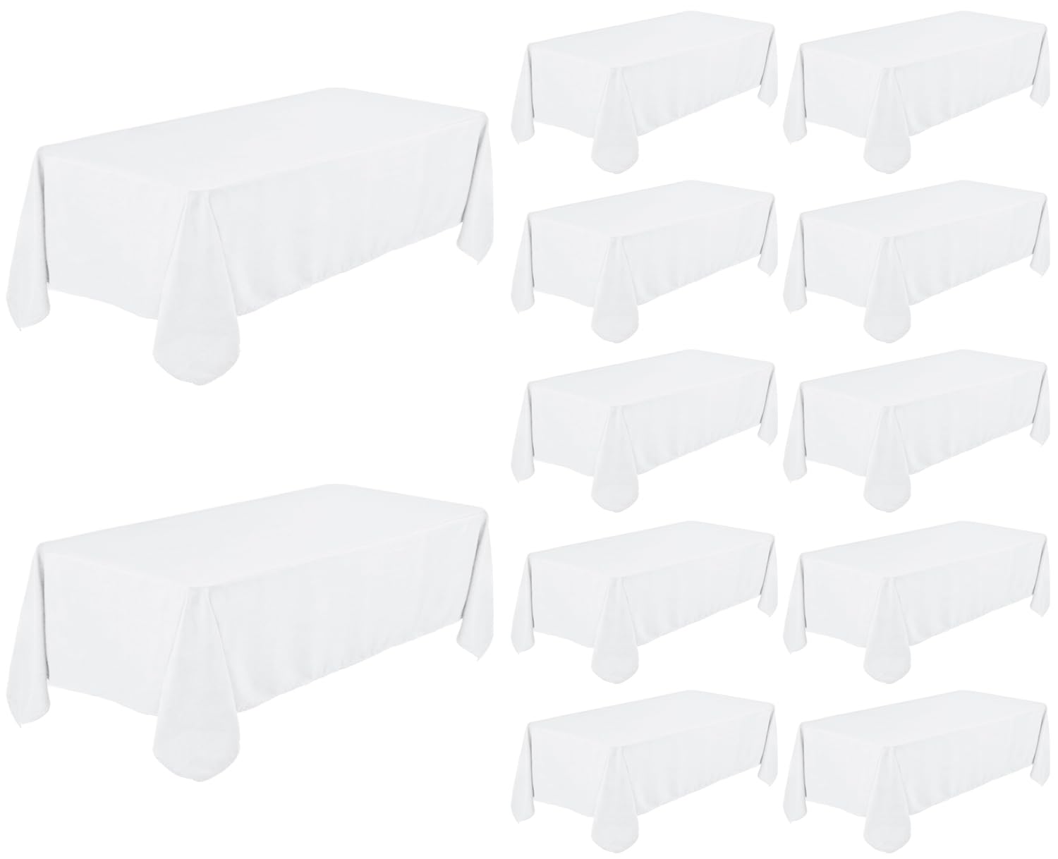 Photo 1 of 12 Pack White Tablecloth 60 x 102 Inch, Bulk 6 Foot Rectangle Table Clothes, Washable Polyester Fabric Table Covers for Wedding, Party, Reception, Banquet