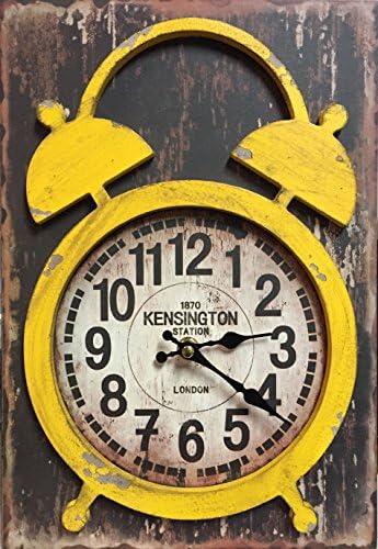 Manual Yellow Distressed Wood Vintage Double Bell Look Mantel Desk Clock IOCLCY 9x13"