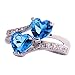 Emsione Vintage 925 Sterling Silver Plated Halo CZ Double Heart Created Blue&White Topaz Love Wedding Promise Ring