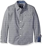 Nautica Little Boys Sailor Feeder Stripe Long Sleeve Woven Shirt With Chambray Trims, Sport Navy, Small/4