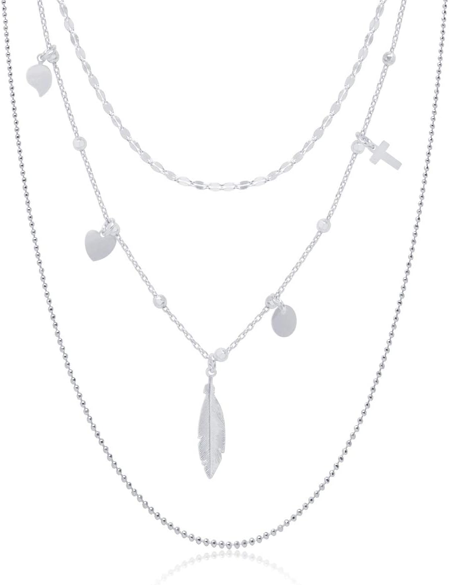 WANDA PLATA Multi- Layered Necklace for Woman Sterling Silver 925, Heart, Moon, Feather, Cross..Pendant, Symbol