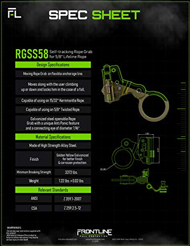 Frontline RGSS58 Self-tracking Rope Grab for 5/8" Lifeline Rope |OSHA & ANSI Compliant Rope Grab | Durable, Rugged & Compact | Fall Protection Safety Rope Grab - Thumbnail 4